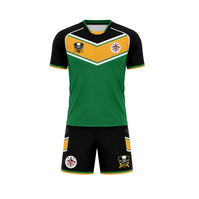 Golborne Parkside Pirates playing kit — green, black and gold