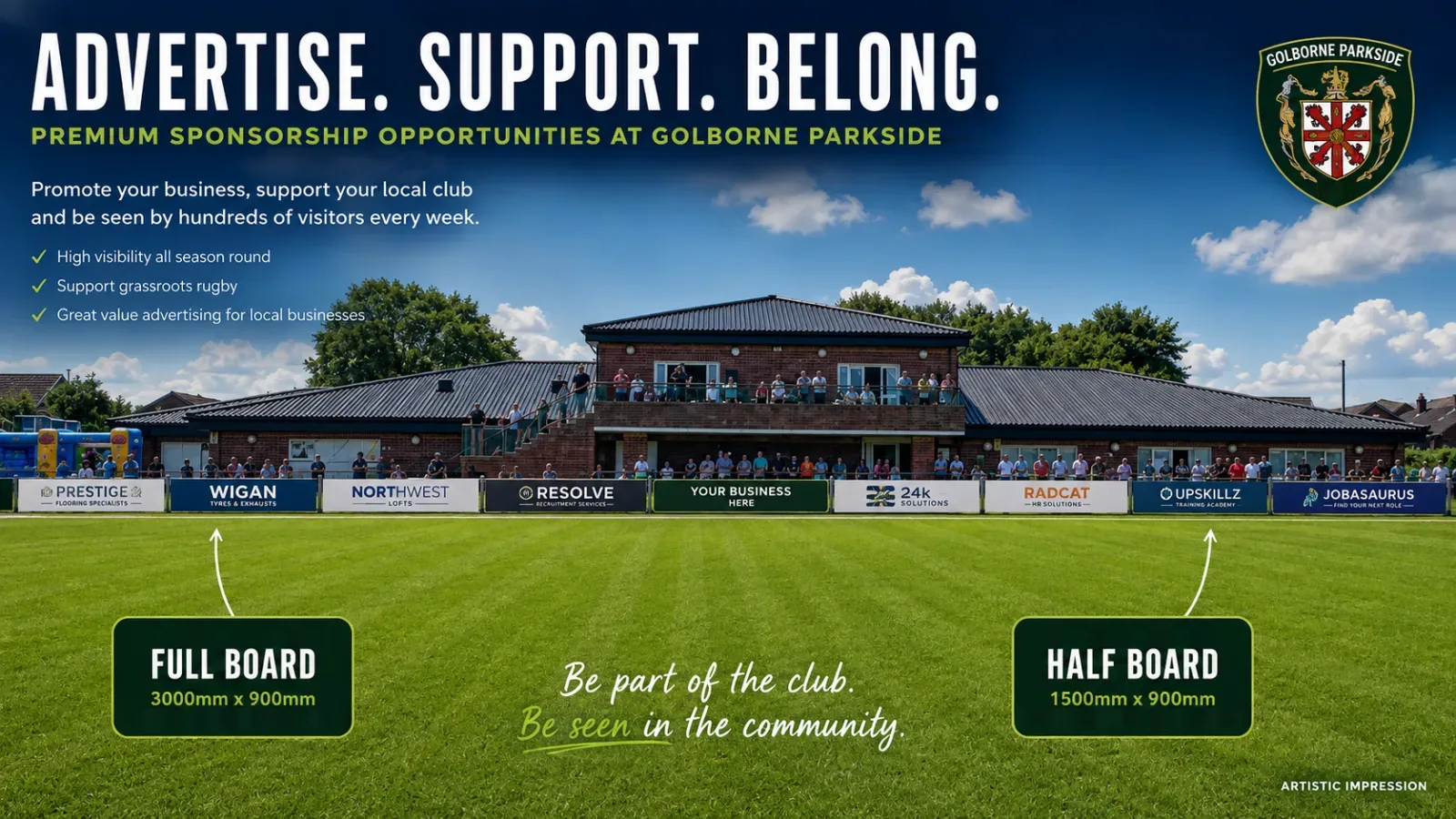 Illustration of sponsor boards around the Golborne Parkside pitch