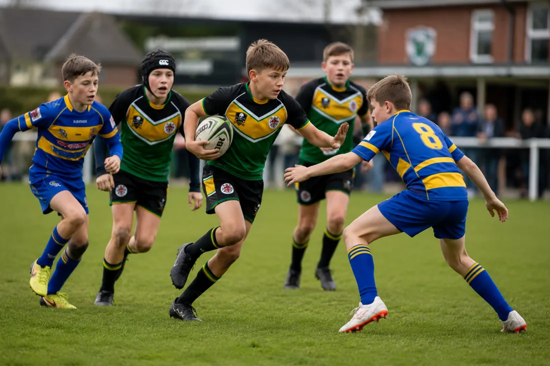 Junior players in Parkside colours running the ball